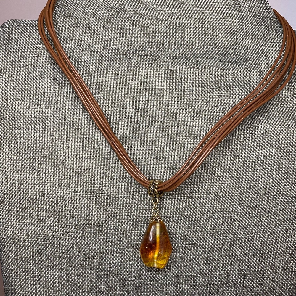 LIA SOPHIA Amber-Colored Glass Pendant on Multi-strand Brown Cord Necklace